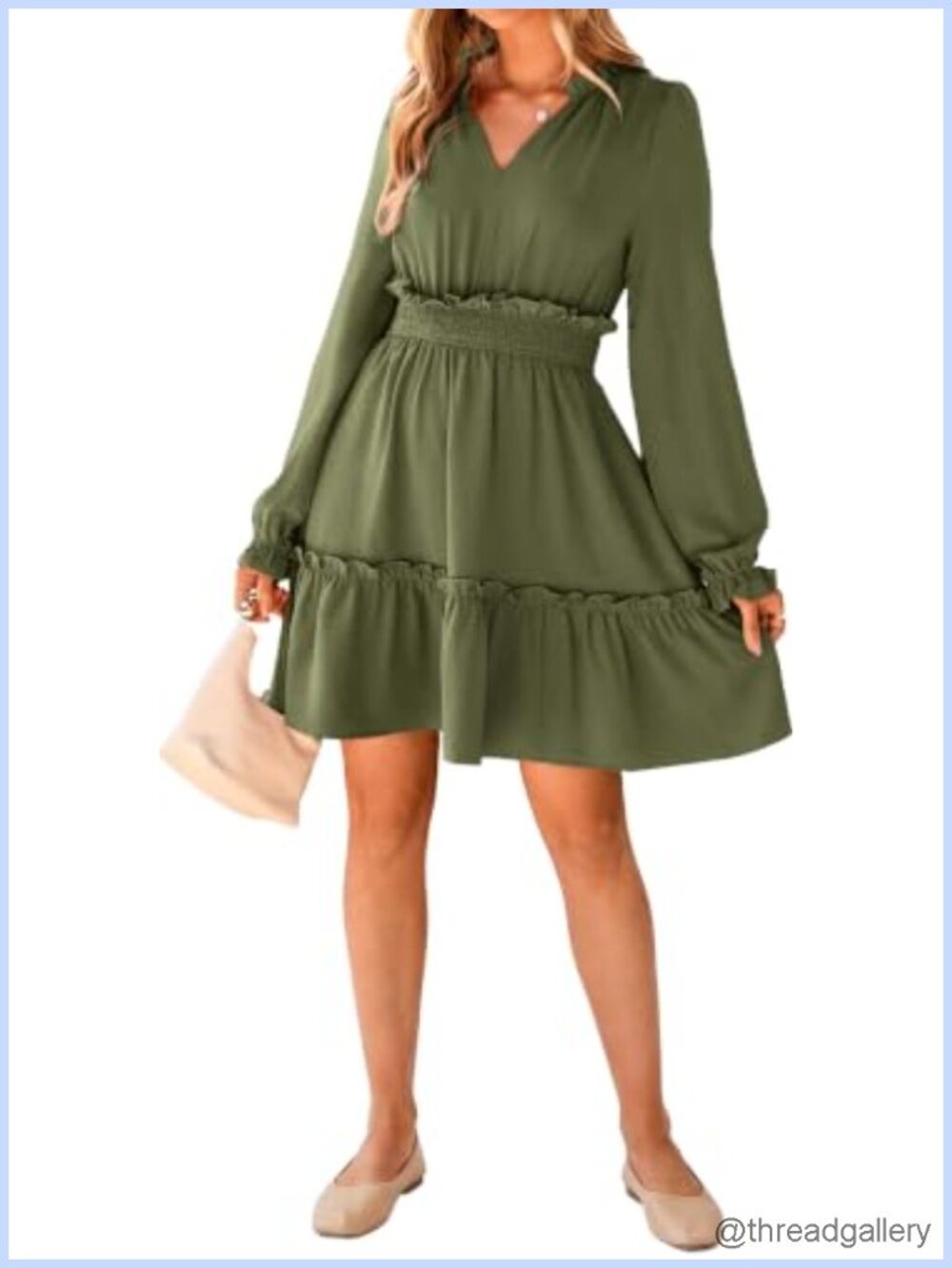 Ruffle V-Neck Long Sleeve Mini Dress A-Line Empire Waist